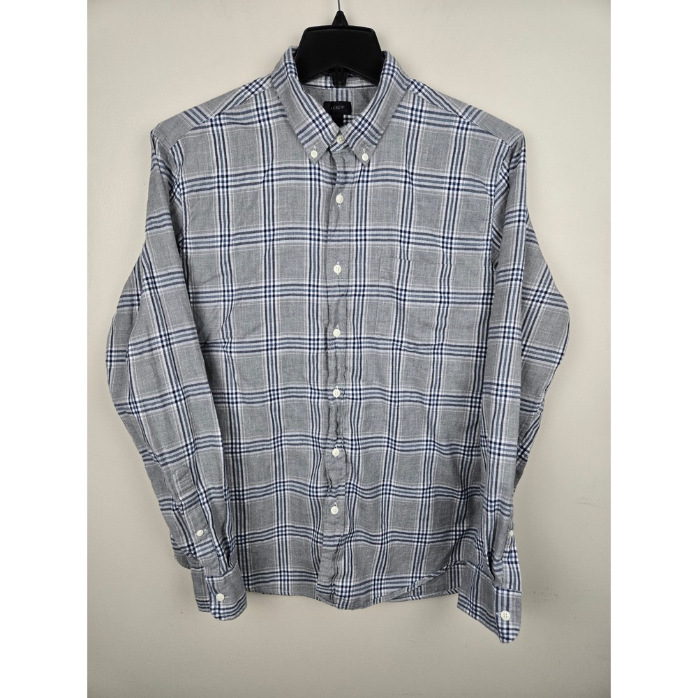 J.Crew Mens Slim Fit Plaid Button Down Shirt Grey Blue Long Sleeve‎ Size Large